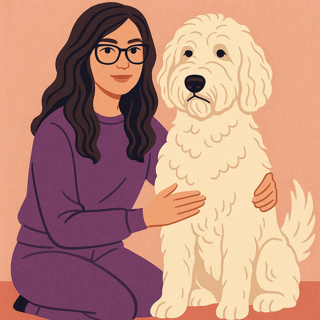 brunette female with glasses in a purple outfit and her large white or cream colored goldendoodle, modern illustration style emoji