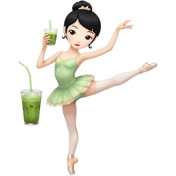 Very skinny ballerina with black haire white skin drinking iced matcha while doing ballet pose emoji