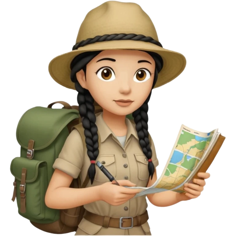 A braid black hair backpacking woman checking her map with curious eyes while walking with camping hat and dirt covered bootsfull body emoji