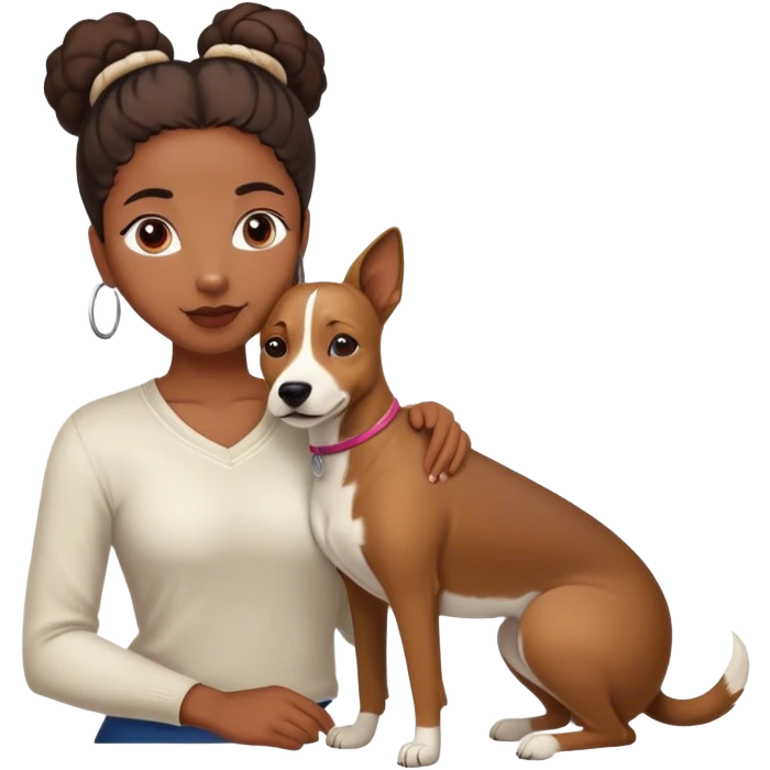 smart, 30 year old, brown African girl, back bun hairstyle, with one big white brown dog emoji