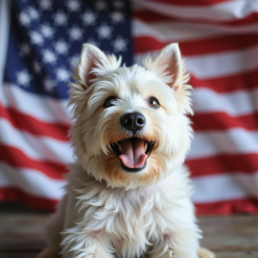 white Westie dog joyfully waving a United States flag with realistic fur and flag details emoji