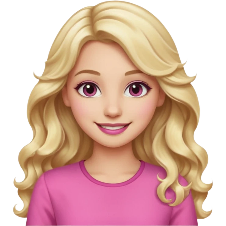 blonde girl, long wavy hair, pink clothes, trendy heavy makeup, smiling emoji