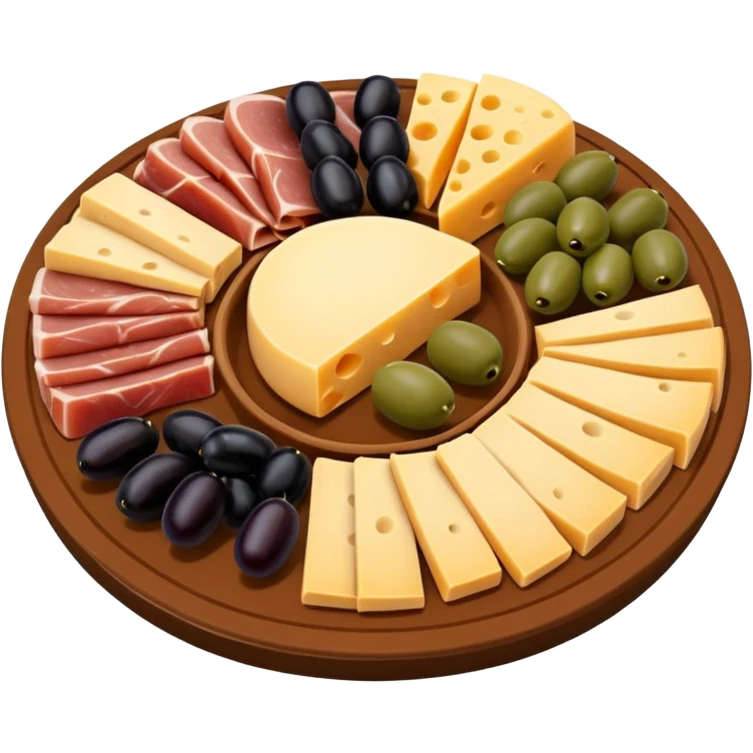 A 3D cartoon platter of assorted deli items like sliced meats, cheese, and olives, colorful and appetizing, Memoji-style. emoji