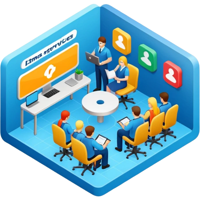 isometric, image of employee services, case management, crew operations integrating together as processes and systems emoji