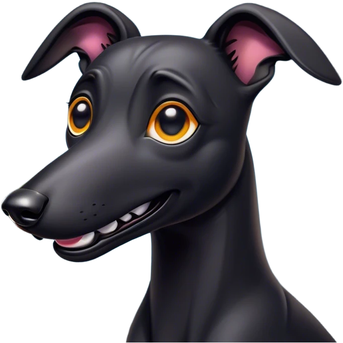 Cinematic Comical Black Greyhound Portrait Emoji, Head tilted dramatically with an exaggeratedly amused expression, featuring a glossy jet-black Fur and wide, expressive dark eyes filled with playful disbelief, Simplified yet hilariously expressive features, highly detailed, glowing with a slightly sassy glow, high shine, dramatic yet playful, stylized with an air of cheeky mischief, bright and endearing, soft glowing outline, capturing the essence of a spirited and over-the-top racer, so meme-worthy it feels like it could side-eye its way into internet fame instantly! emoji