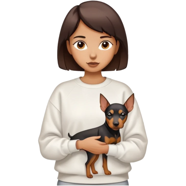 A short-haired girl in a white sweatshirt holding a Doberman emoji