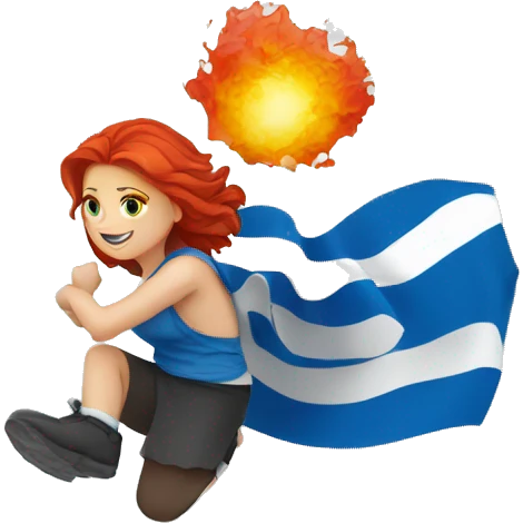a red hair female  summitting ice peak with greek flag emoji