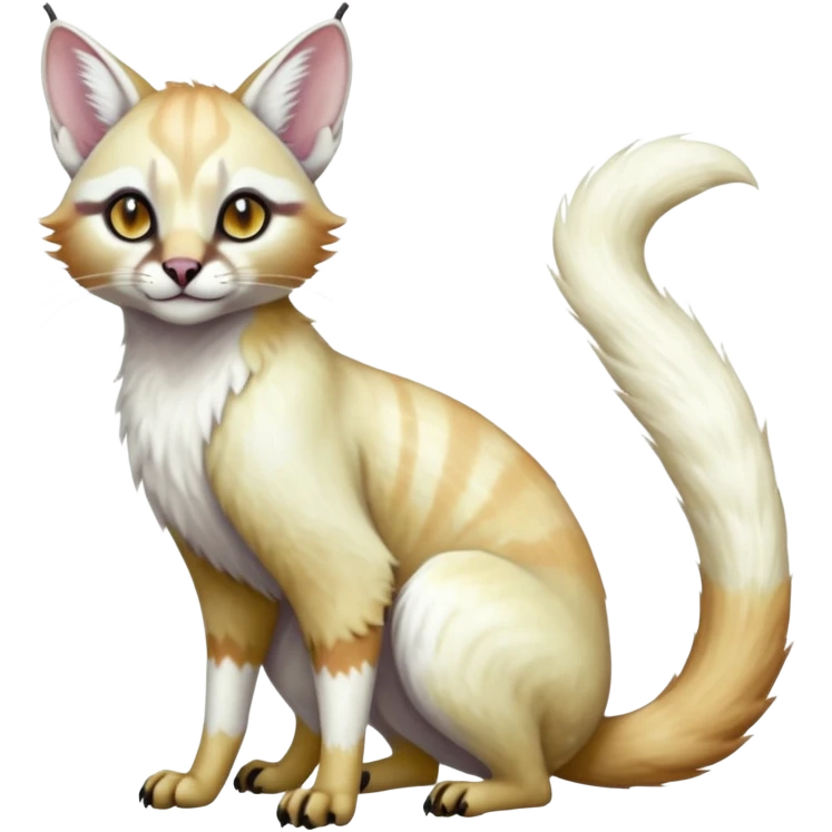 Colorful tropical pearly-albino-white iridescent glorious divine exotic cute cool beautiful shiny beautiful fantasy-caracal-civet-genet-sergal-vernid-Cacomistle-oncilla-animal-Fakémon-hybrid-fursona (full body) emoji