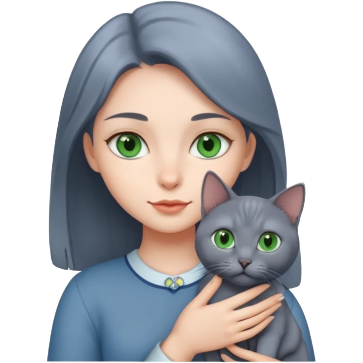 girl holding a russian blue cat with green eyes emoji