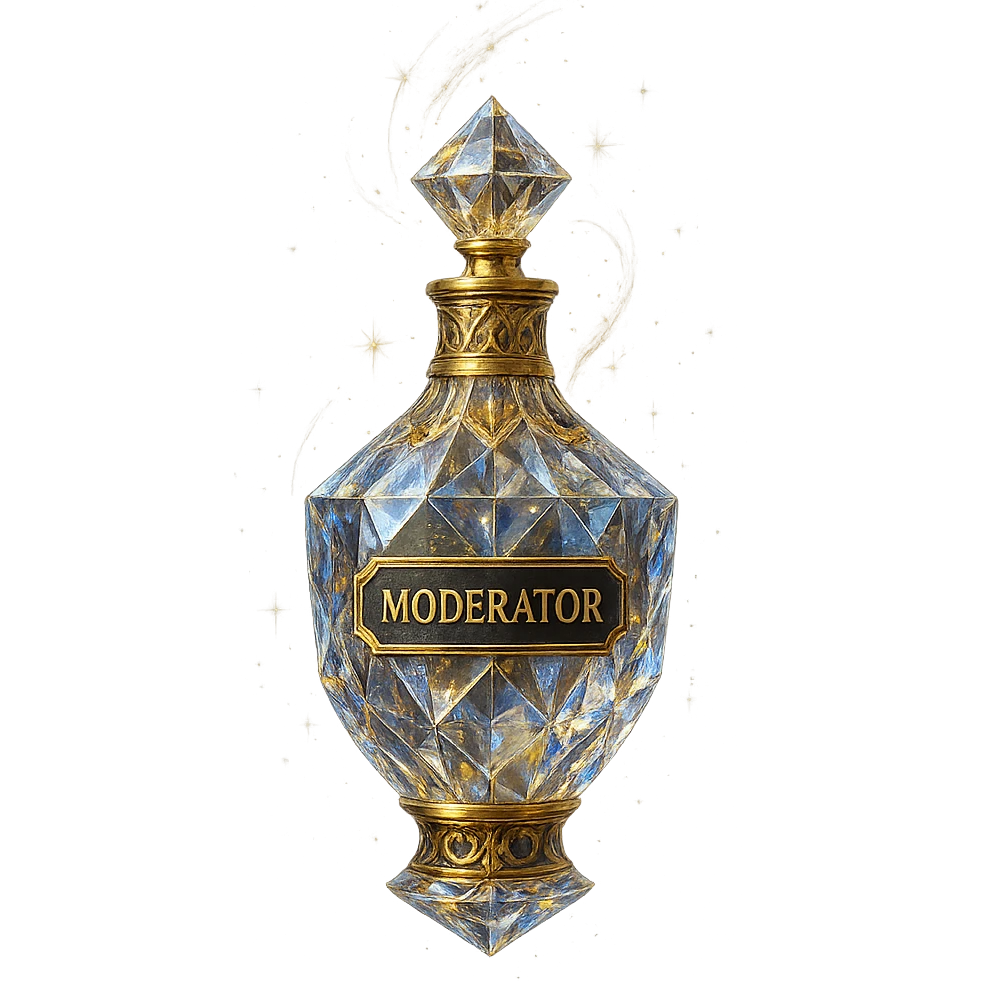 premium class crystal elixir bottle with the inscription 'Moderator', lots of shining, facets, ornaments, golden details, magical effects, very small golden neck, transparent background, beautiful seamless bottom, bottle clearly floating in the air without base or shadow, very luxurious, modern, matching the collection emoji