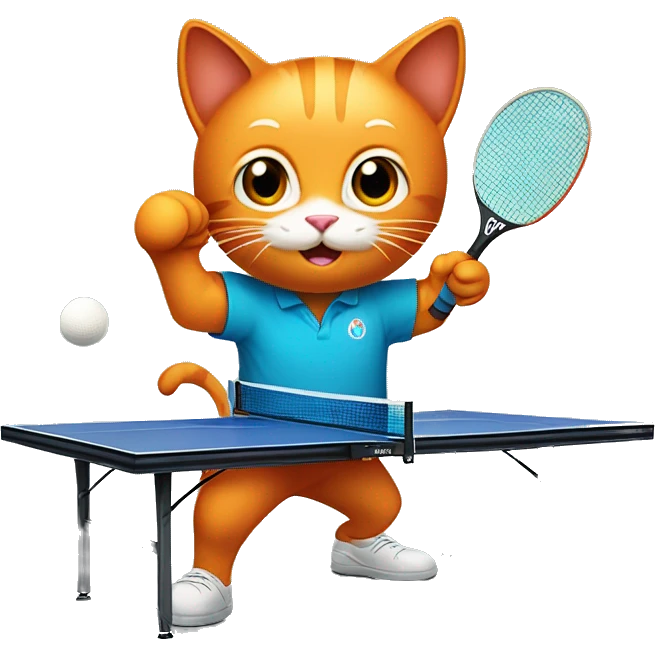 orange cat full body  playing table tennis with a racket and a ball at the table emoji