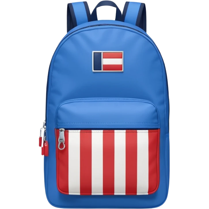 simple blue backpack, at the bottom pocket there is a  logo featuring a Tommy Jeans-inspired logo. The logo looks like a vertically one red, one white. The flag stripes are vertical, not horizontal. Flat

 emoji