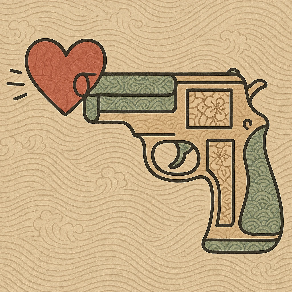 heart gun, ukiyo-e style, traditional Japanese illustration emoji
