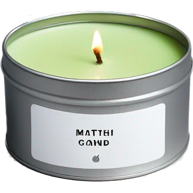 minimal matcha scented lit candle in small silver tin with realistic label emoji