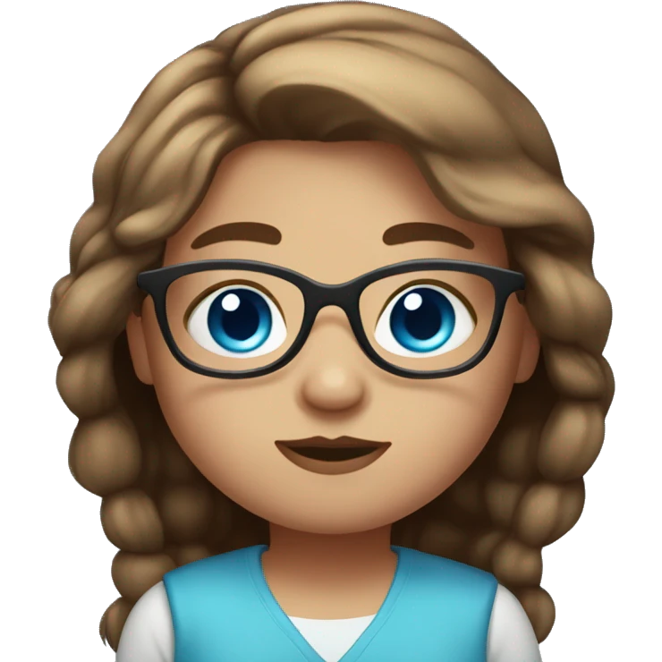 chubby girl with long brown hair, blue eyes and brown glasses emoji