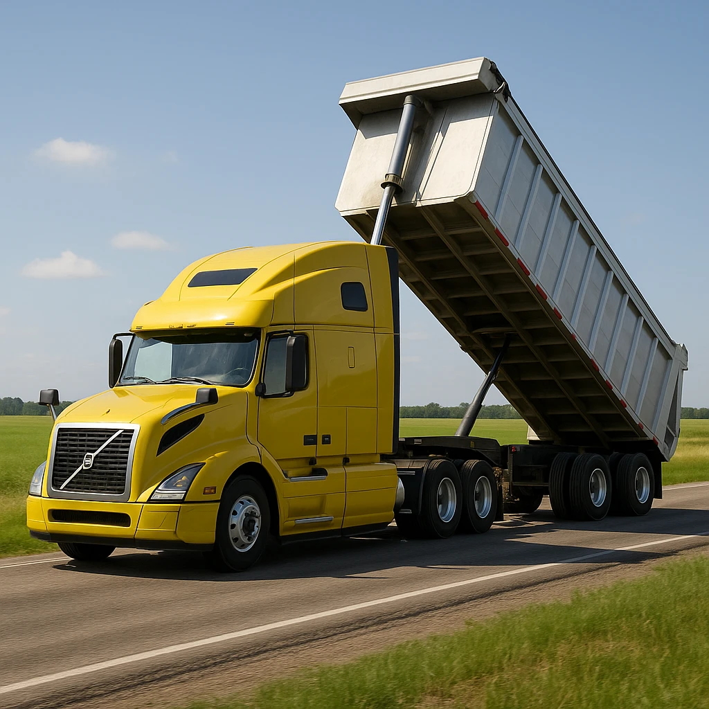 ultra-realistic Volvo yellow semi sleeper truck and silver end dump trailer, trailer tilted up as if dumping, driving left down a photorealistic country road with grassy fields and blue sky emoji
