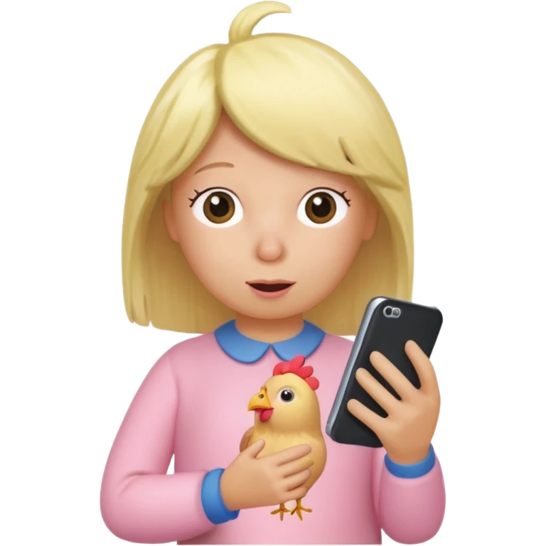 Make a chicken with a blonde wig that has a cell phone and is watching Peppa Pig emoji