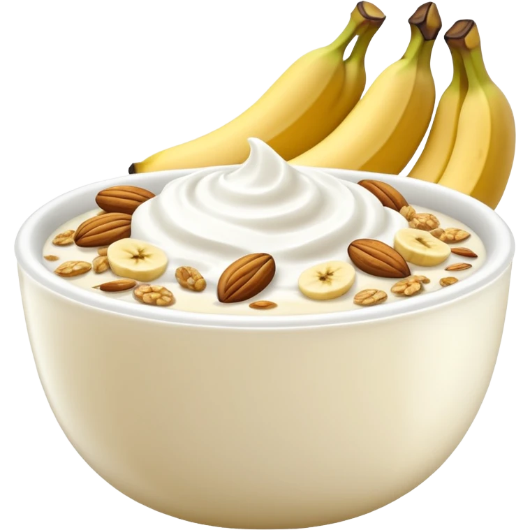 Crüsli-müsli, nøtter, bær, bananskiver, med Kefir-Biola-yoghurt i skål  emoji