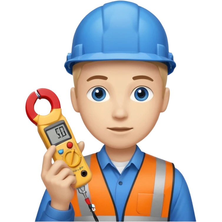 La tercera imagen pero ojos azules, y que lleve en manos una pinza amperimetrica emoji