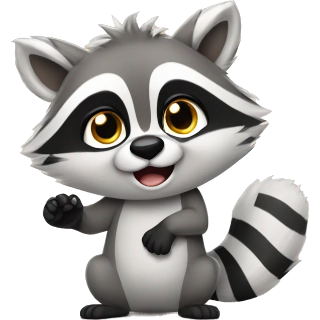 A cute fluffy raccoon waves his paw and greets emoji