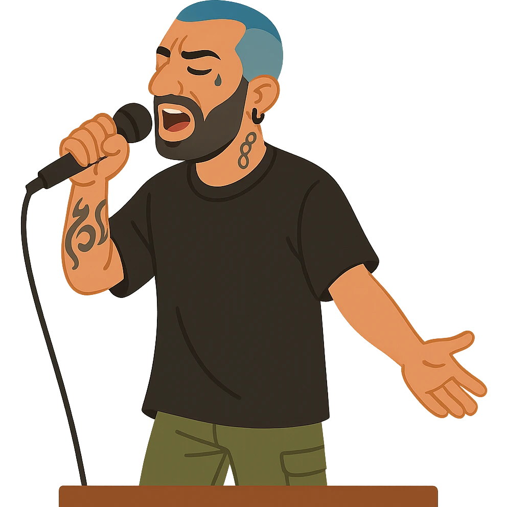 flat toon style Amir Tataloo singing on stage emoji