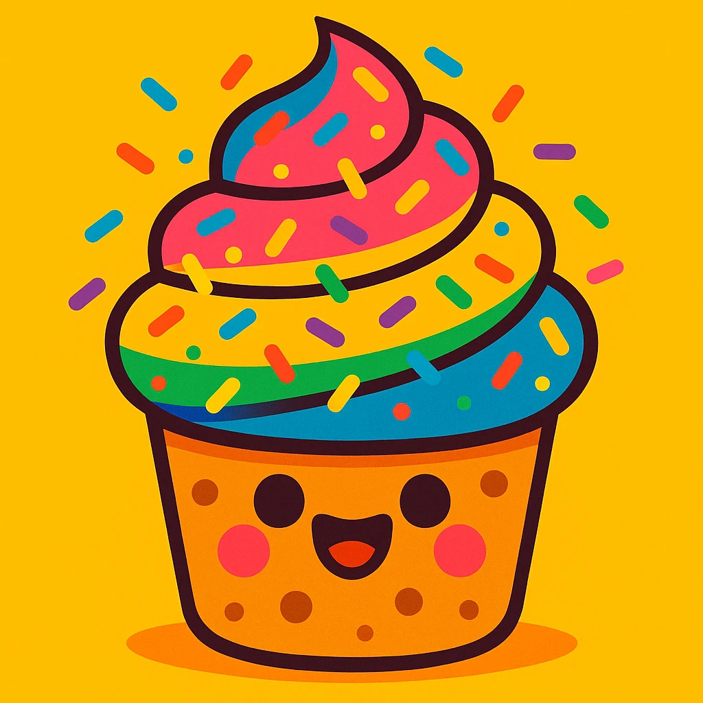muffin with colorful whipped cream swirl and rainbow sprinkles, cheerful and bright emoji