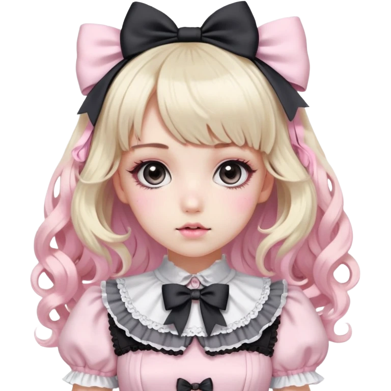 pale girl , who has curly medium length blonde and baby pink and black swirled hair with bangs , grey eyes , and doll like makeup , in a light pink with black lolita hime gyaru dress with a large black bow emoji