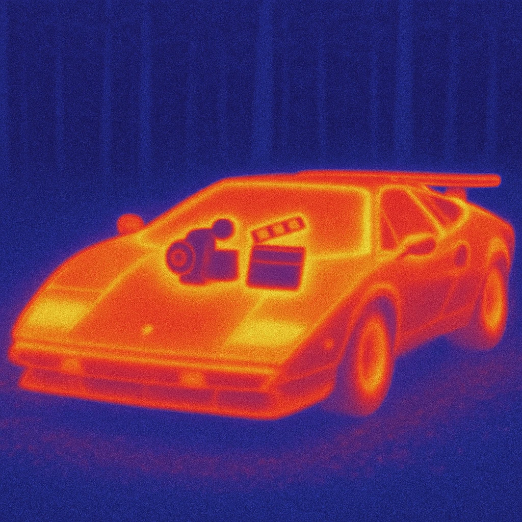 Lamborghini Countach with a camera and a clapperboard on the hood in a forest background emoji
