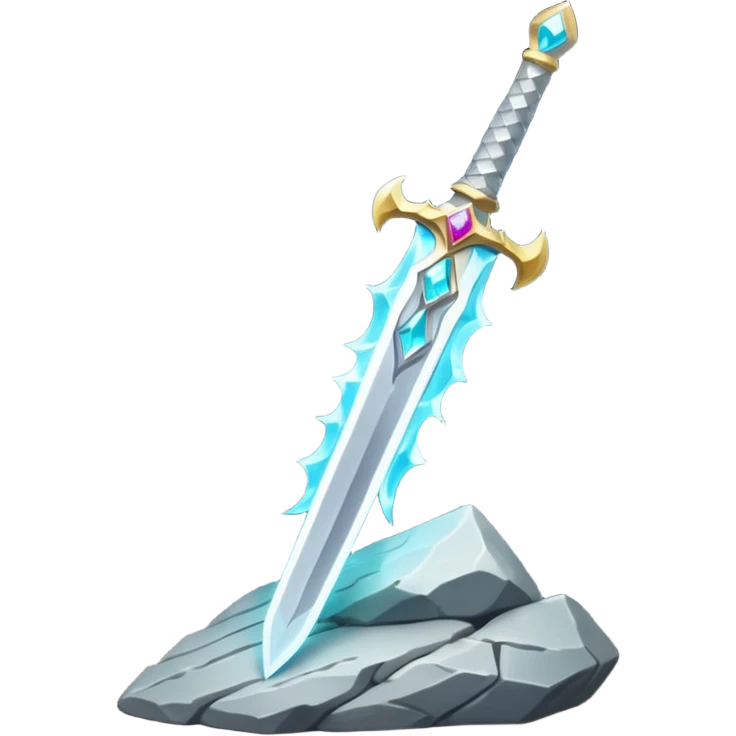 Shining silver sword with jeweled hilt, stuck in a stone, glowing aura.  emoji