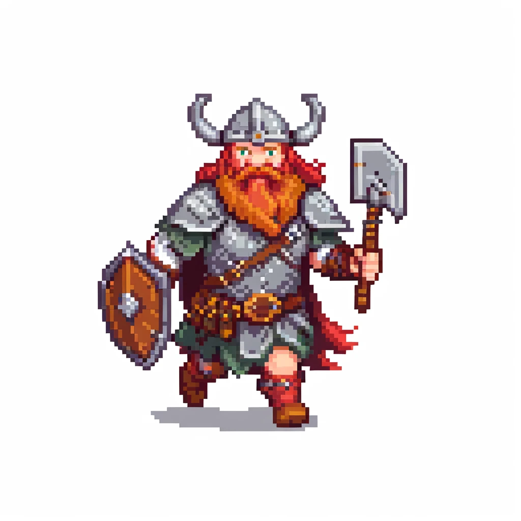 pixel art ginger viking with red beard and armor, running animation frame 1, legs wide apart emoji