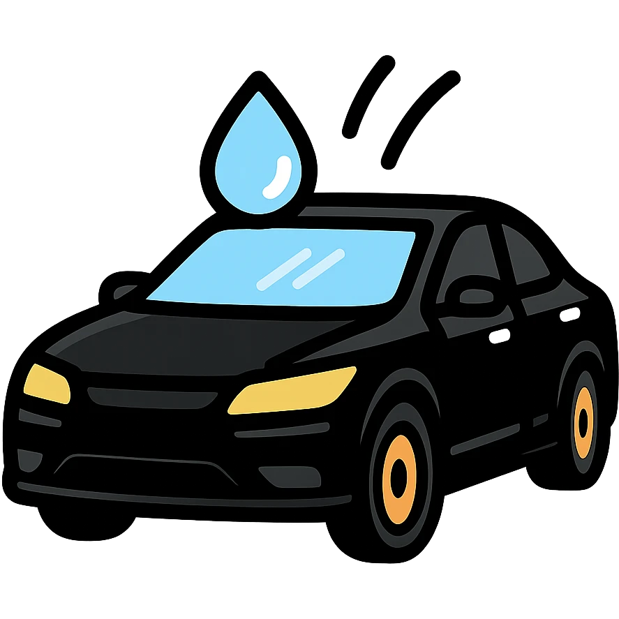 full high-end vehicle icon with glossy black mirror-like paint, water droplet sliding on the hood or roof, subtle repellent effect with water lines moving away, modern and clean style emoji