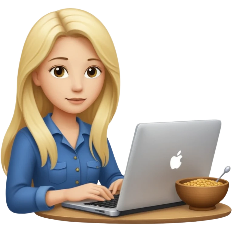 a blondie woman with long hair working with a computer laptop and a grains vessel around emoji