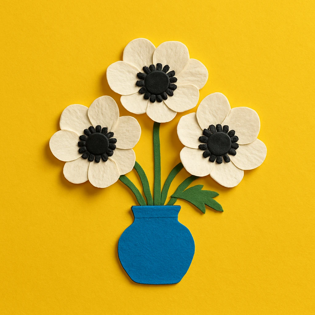 bouquet of white and black anemone flowers in a blue ceramic vase, yellow background emoji