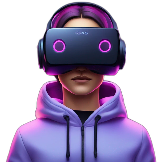 Alekséi Vorobiov wearing a black hoodie with "OMG" letters on it and VR headset in a cyberpunk VR environment with violet neon lighting. emoji