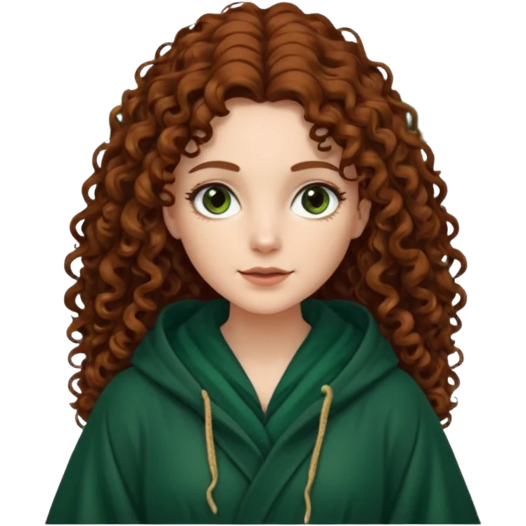 A white woman, a little thicker, with long dark auburn hair robed and hooded like she's a Traitor in the tv show The Traitors. her hair is mostly curly (kinda frizzy, not clean curls) and the robe is a dark dark forest green color emoji