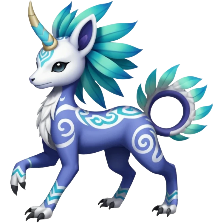 Tropical Tiny Marked Patterned Tribal Colorful Skilled Adept Graceful Asian Painted Garurumon-Meloetta-Absol-Suicune-Cobalion-fusion-hybrid-creature (full body) emoji