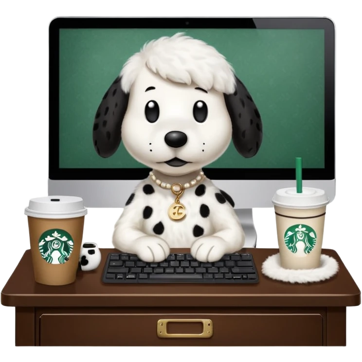 snoopy in a desk with starbucks and his chanel purse emoji