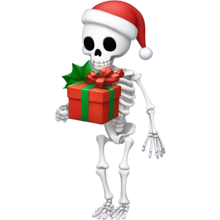 Skeleton body holding a Christmas present emoji