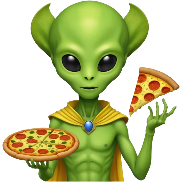 alien, wearing yellow ancient custome, with pizza emoji