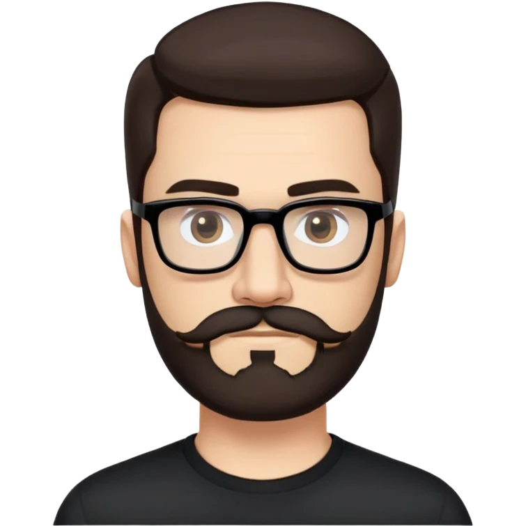 Caucasian male, medium neck-length hair straight dark brown hair combed back, thick dark eyebrows, rectangular black eyeglasses, full beard and mustache neatly groomed, neutral facial expression, wearing a black crew neck shirt. emoji