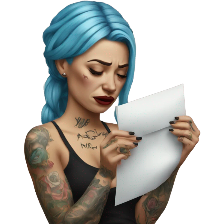 Hyper Realistic Beautiful tattooed woman crying holding a letter  emoji