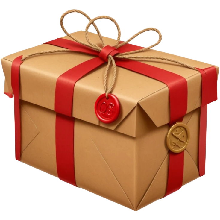 parcel wrapped in brown kraft paper, tied with string, red wax seal emoji