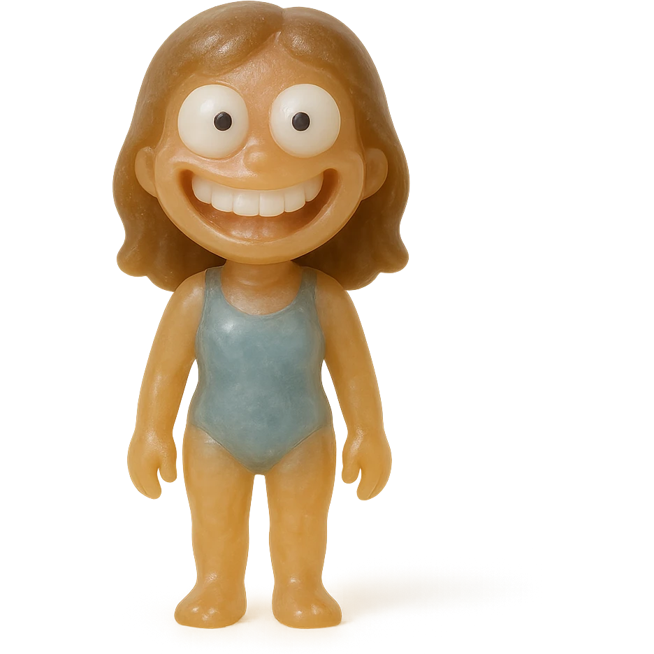 Edit the image of a beach girl to look happy and derpy with a big smile and very derpy, oversized white eyes with small black pupils looking in different directions. She should be very transparent, wearing a simple blue one-piece swimsuit, standing in a neutral pose, much smaller in the frame so her entire body is visible with no cropping. The style should resemble a retro 90's toy style: very transparent, slightly see-through, natural tan skin, brown hair, soft plastic texture, soft reflections, soft and squishy, some cloudiness, not shiny, highly detailed, appealing, no tag, no background, and no suggestive details. emoji
