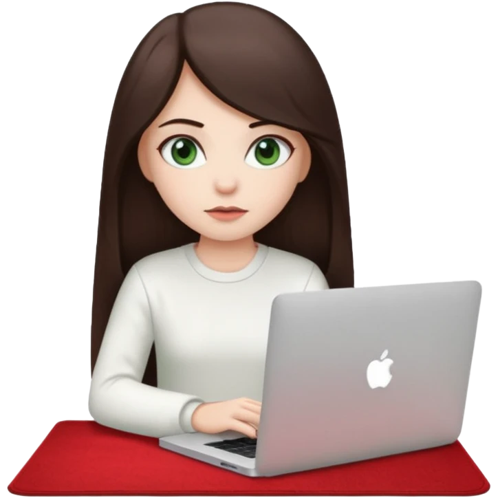 Long dark brown haired, white skinned, dark green eyed girl in white clothes girl sitting in macbook with a red carpet  emoji