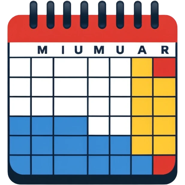 Flat icon, bright rectangular background with abstract color blocks (blue, yellow, red), black silhouette of a calendar grid, small musical notes around it, style of performing arts college logo, clean bold shapes, no gradients, high contrast, dynamic artistic composition. emoji