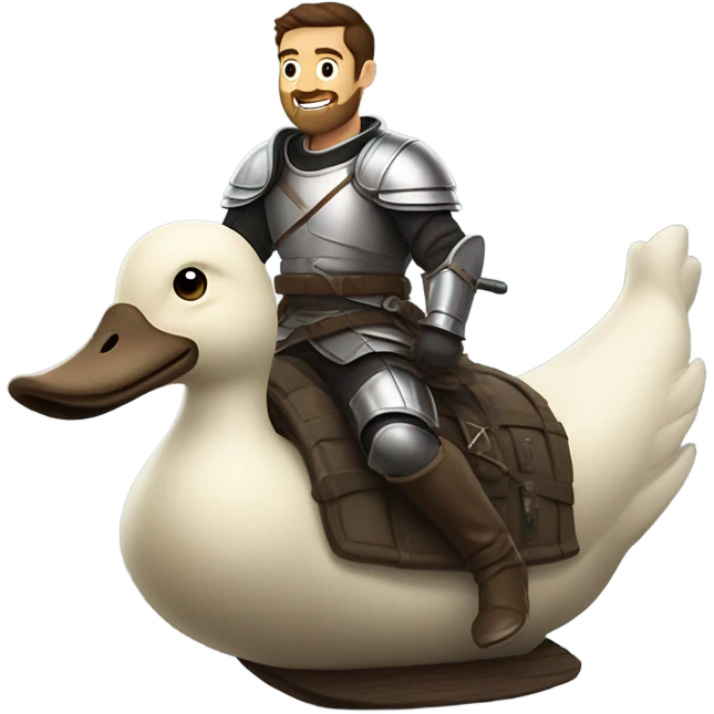 Confident armored White Man with dark brown hair and a short beard riding on the back of a giant armored duck emoji