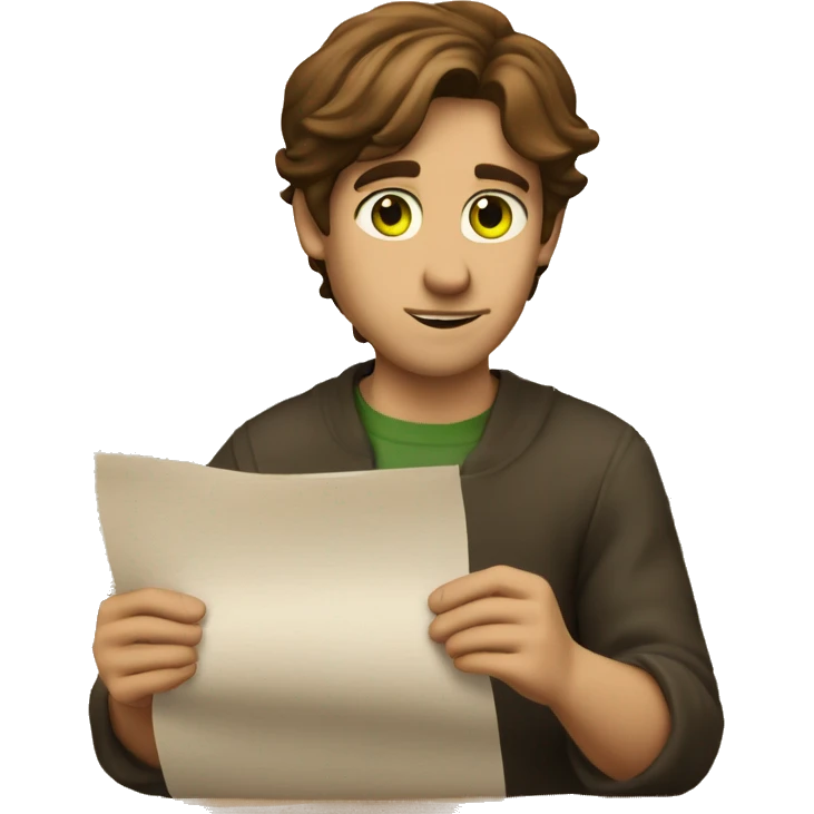 a light-skinned green-eyed man with brown hair sitting in front of the paper scroll  emoji