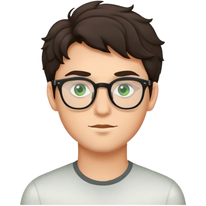 young man with dark slightly curled hair wearing glasses with green eyes emoji