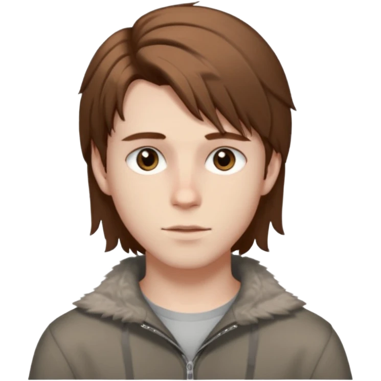 A young white boy with brown hair and eyes, with slightly long, straight and disheveled hair with wolfcut haircut, Make it look aesthetic, it's a trans boy emoji