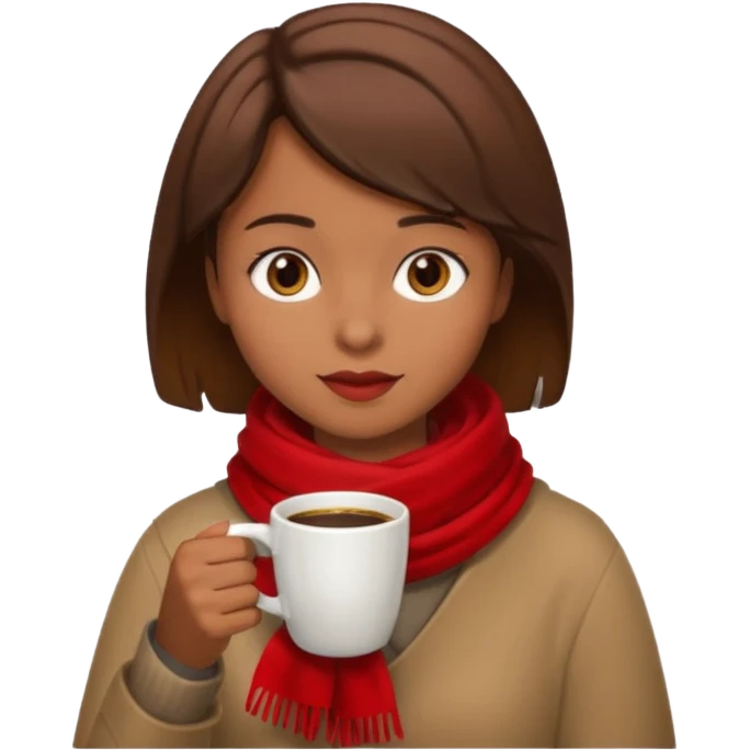 a girl with brown short hair, having red scarf, drink coffee, enjoy emoji